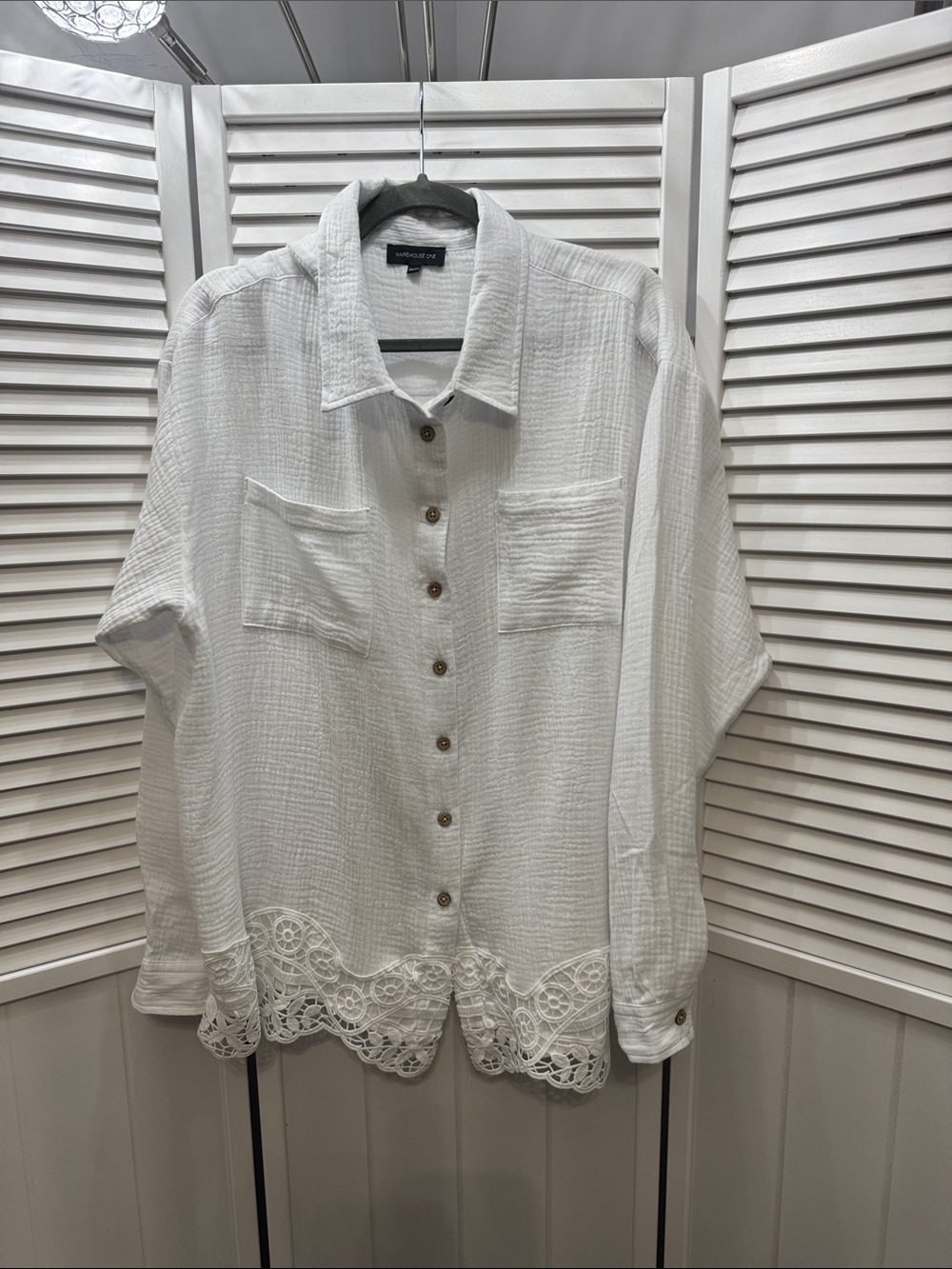 White Button-Front Shirt with Lace Hem by Warehouse one